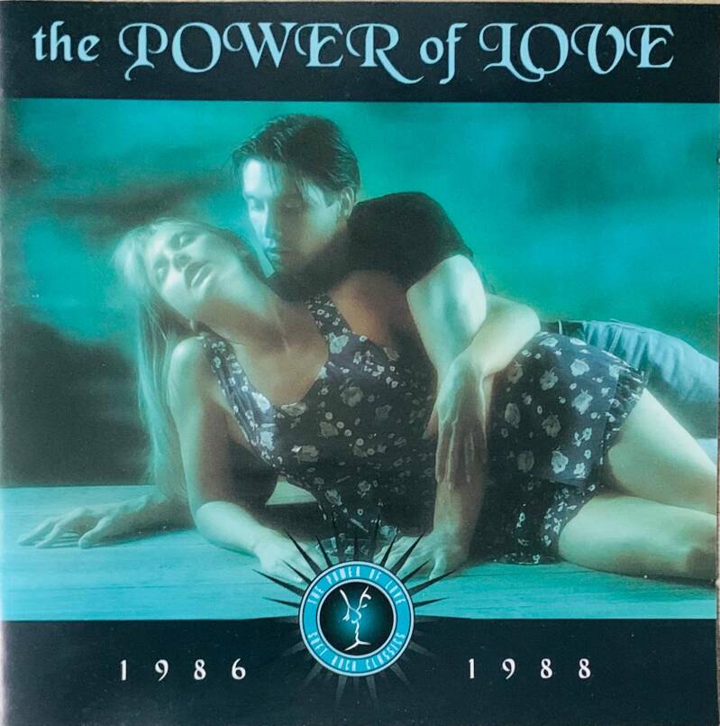 The power of love 1986-1988 cd cover featuring a teal-toned photo of a man and woman in an intimate pose