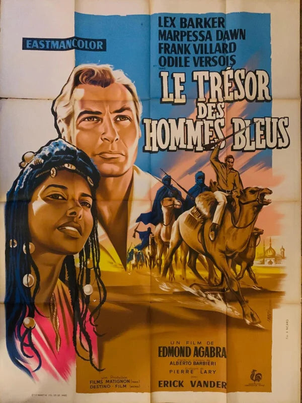 Vintage french movie poster for le trésor des hommes bleus 1961 featuring illustrated actors in desert attire with colorful backdrop