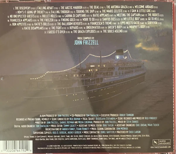 The back cover of john frizzell ghost ship autographed cd shows a detailed white and gray cruise ship illustration