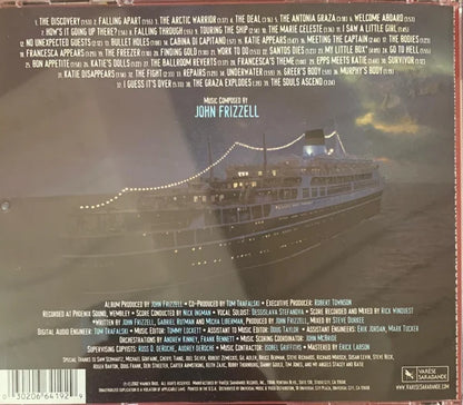 The back cover of john frizzell ghost ship autographed cd shows a detailed white and gray cruise ship illustration