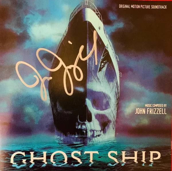 The album cover of john frizzell ghost ship soundtrack cd features a black and white ghost ship with purple skulls and autograph