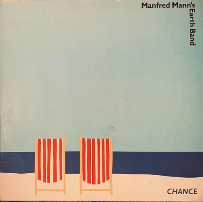 Vinyle lp manfred mann’s earth band chance 1980 with red and white striped wooden beach chairs on cover