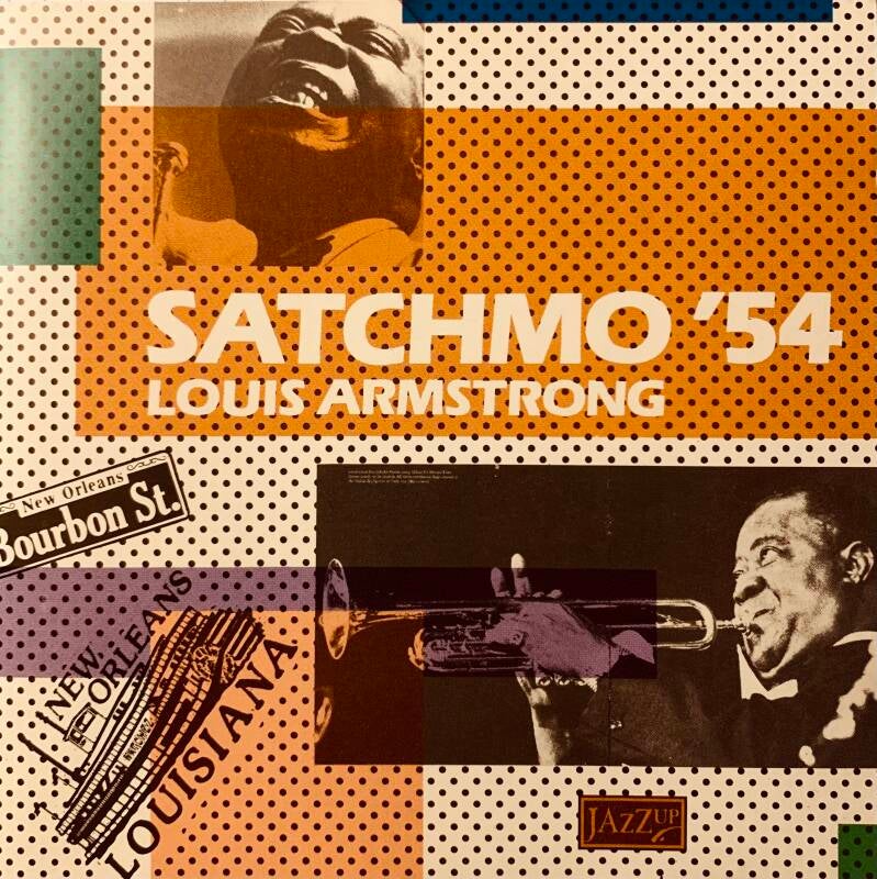 Vibrant cd album cover of louis armstrong satchmo 54 with smiling sepia photos on orange teal and white geometric blocks