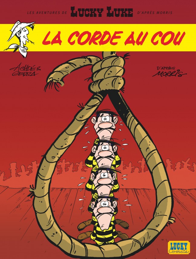 The lucky luke comic book la corde au cou cover shows a brown rope noose with four yellow and black striped characters hanging