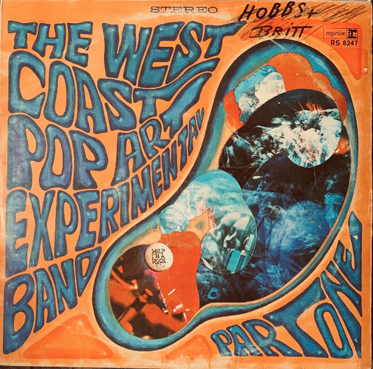 Orange vinyl record sleeve with psychedelic blue lettering and abstract swirls for the west coast pop art experimental band lp