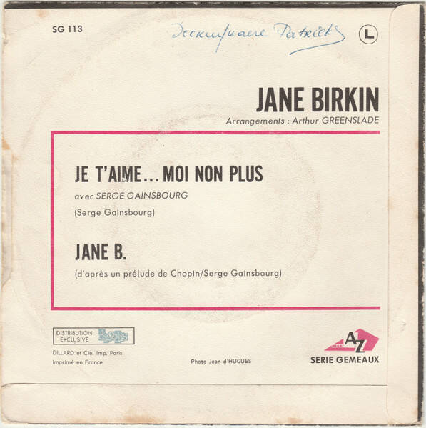 Jane Birkin Avec Serge Gainsbourg ‎– Je T'aime... Moi Non Plus / Jane B.
