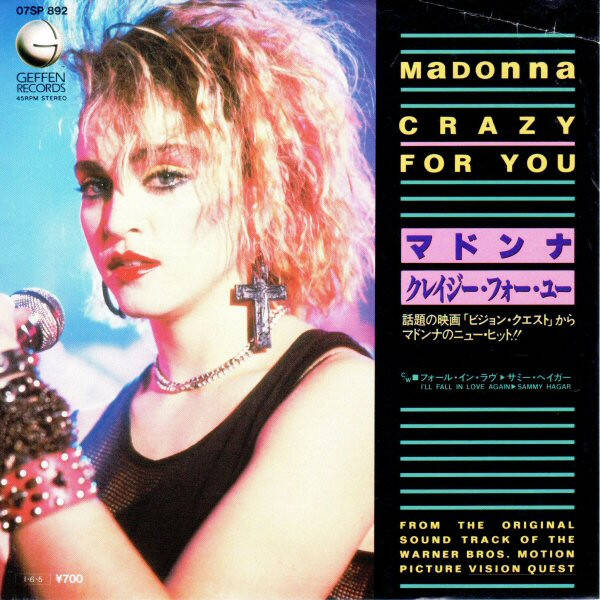 Madonna crazy for you album cover featuring madonna in a black mesh top with red lipstick and curly blonde hair
