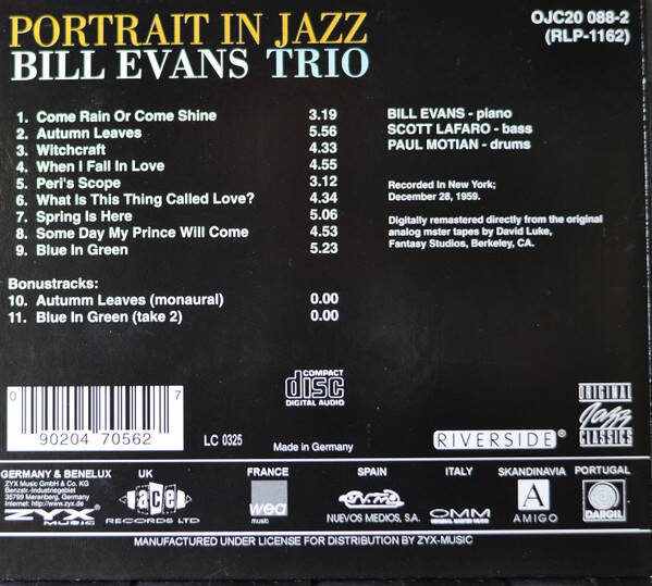 🇺🇸 BILL EVANS TRIO – Portrait in Jazz | CD Album - CD - CD 🇺🇸 | THE COLLECTOR — Vg+ / Vg+