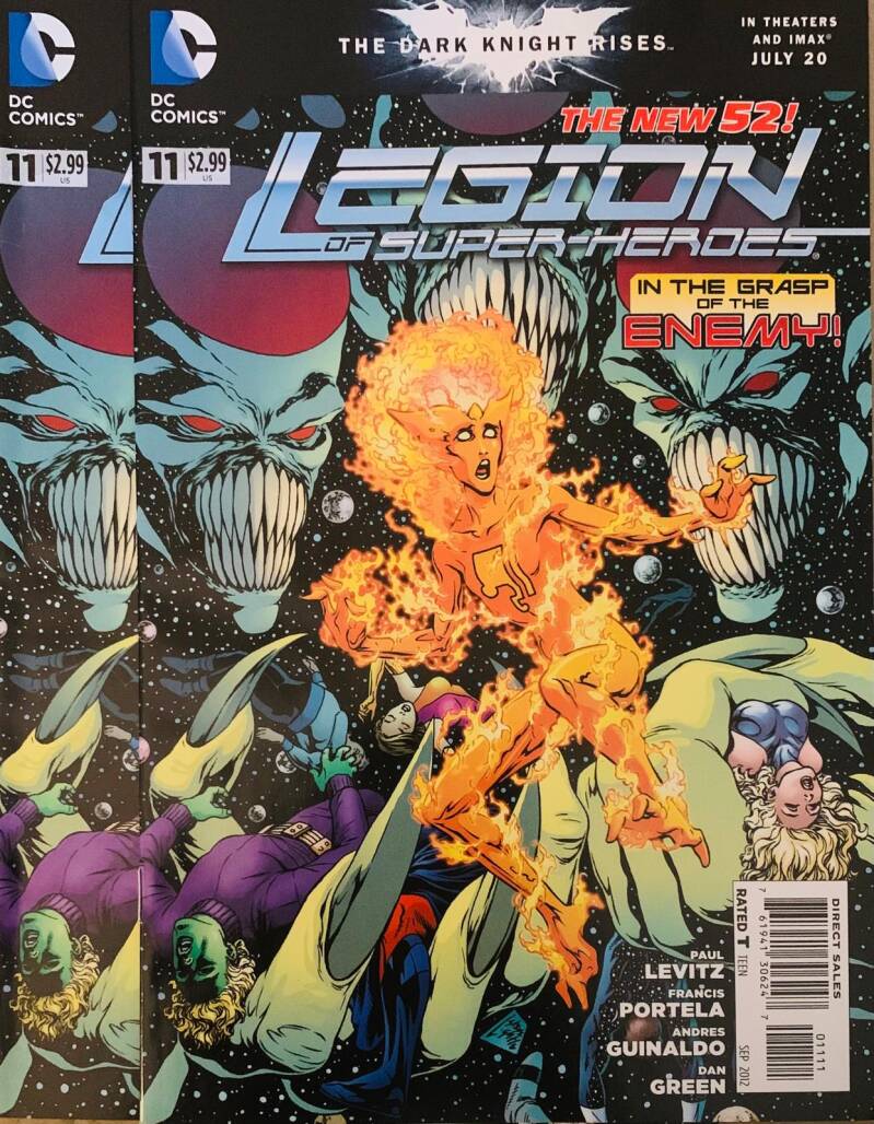 Dc comics legion of super-heroes issue 11 comic featuring fiery orange character and green foes on starry black backdrop