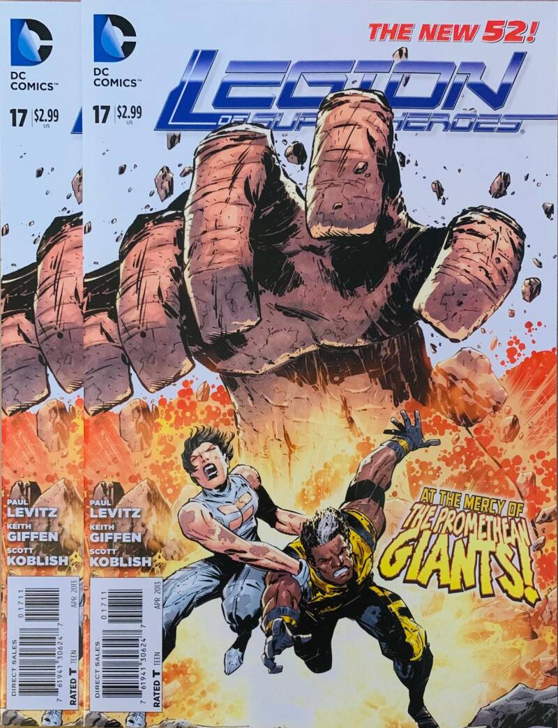 Dc comics legion of super-heroes #17 comic cover showing a massive stone hand crushing landscape and two heroes escaping
