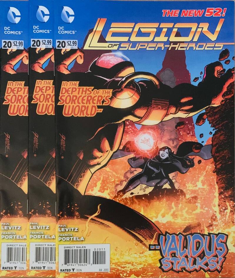 Three copies of legion of super-heroes new 52 comic lot #20 with fiery orange and red cover from dc comics 2013 nm condition