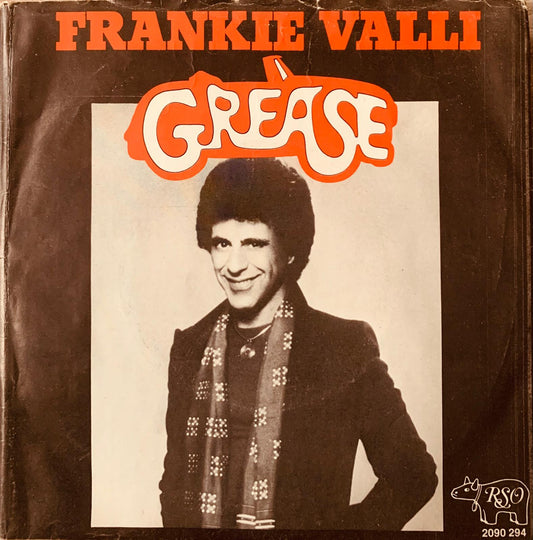 Frankie valli grease 1978 original vinyl record cover with black and white photo of valli in dark jacket and scarf