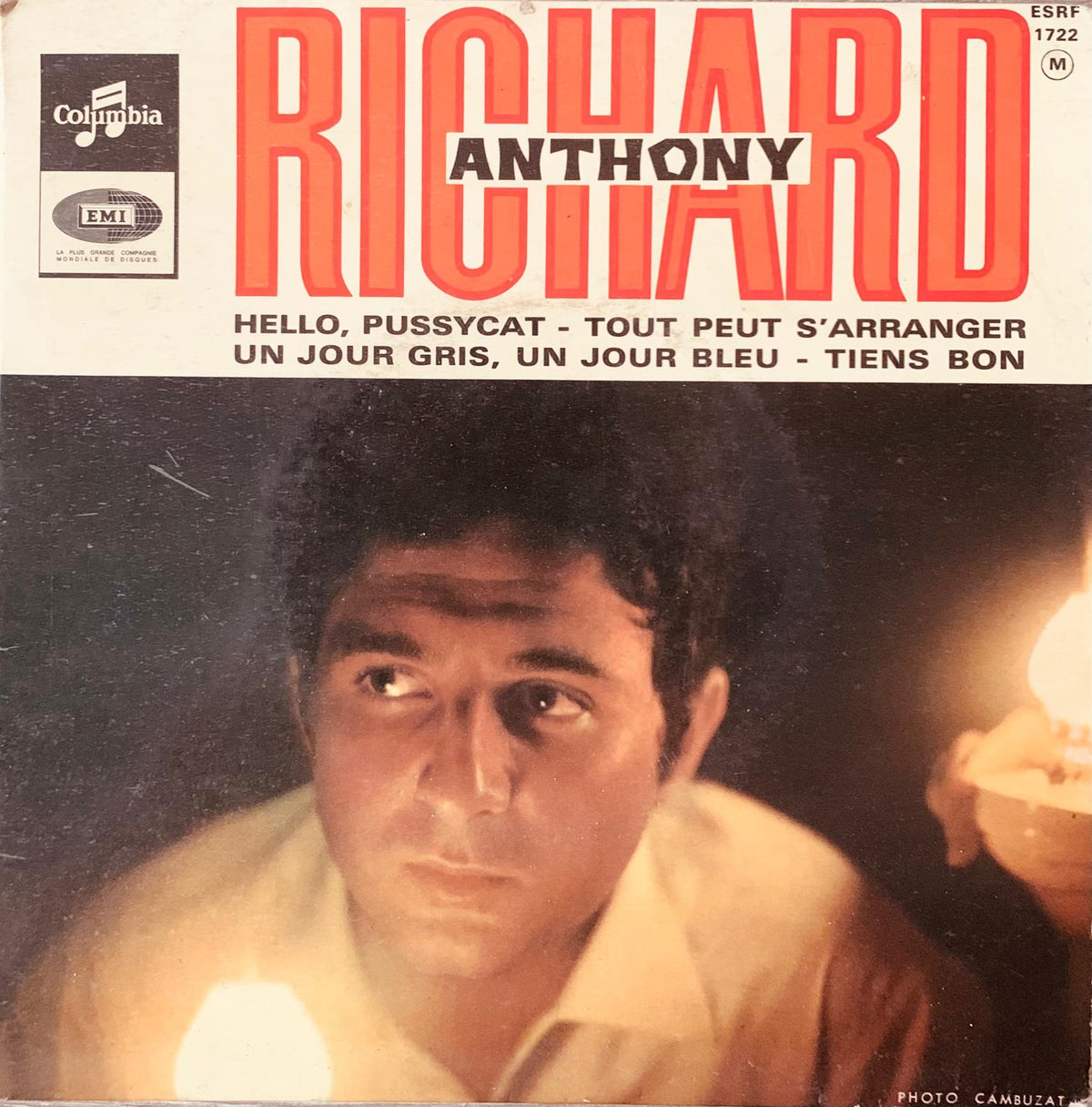 French vinyl record sleeve of richard anthony 1960s ep featuring bold red and black typography and warm artist portrait