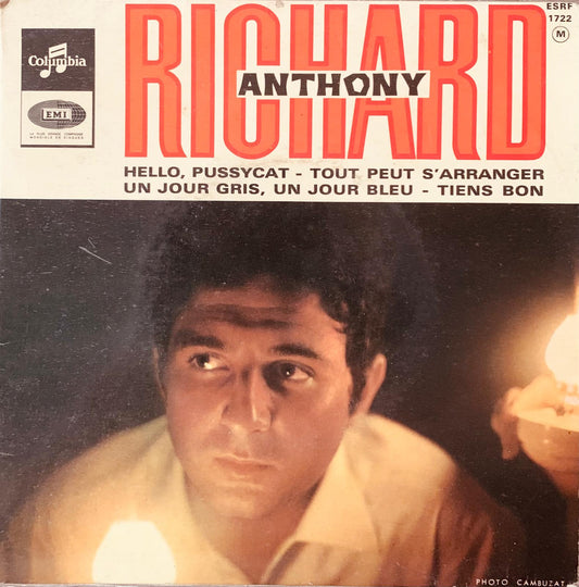 French vinyl record sleeve of richard anthony 1960s ep featuring bold red and black typography and warm artist portrait